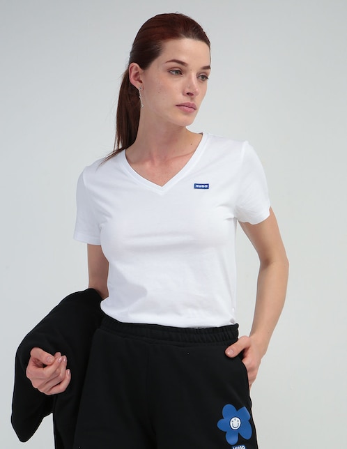 Playera manga corta HUGO Blue cuello v para mujer
