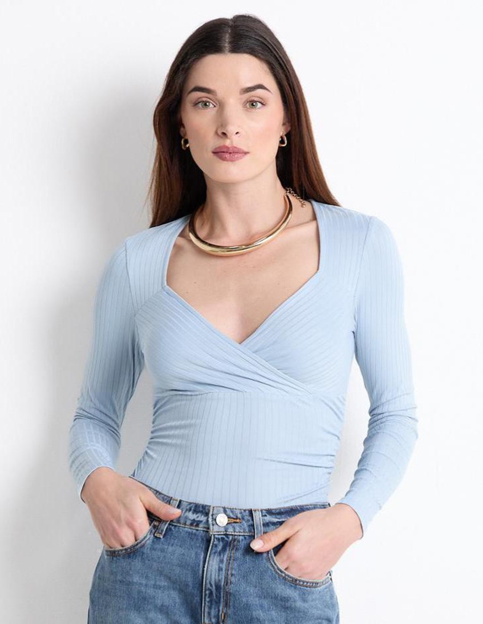 Camiseta Cuello V Mujer Camiseta Guess V-Neck Henley Mujer Azul