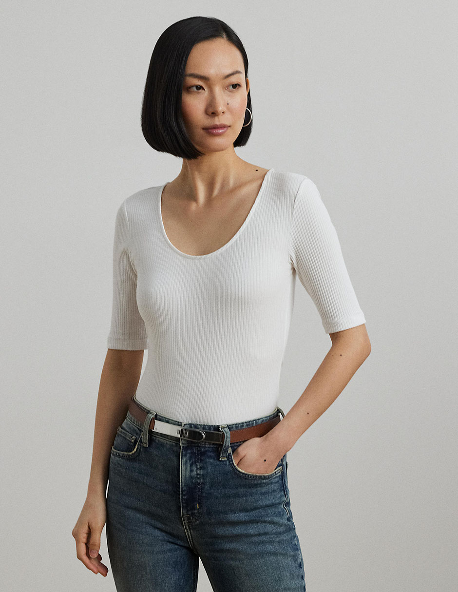 Playera manga al codo cuello redondo para mujer