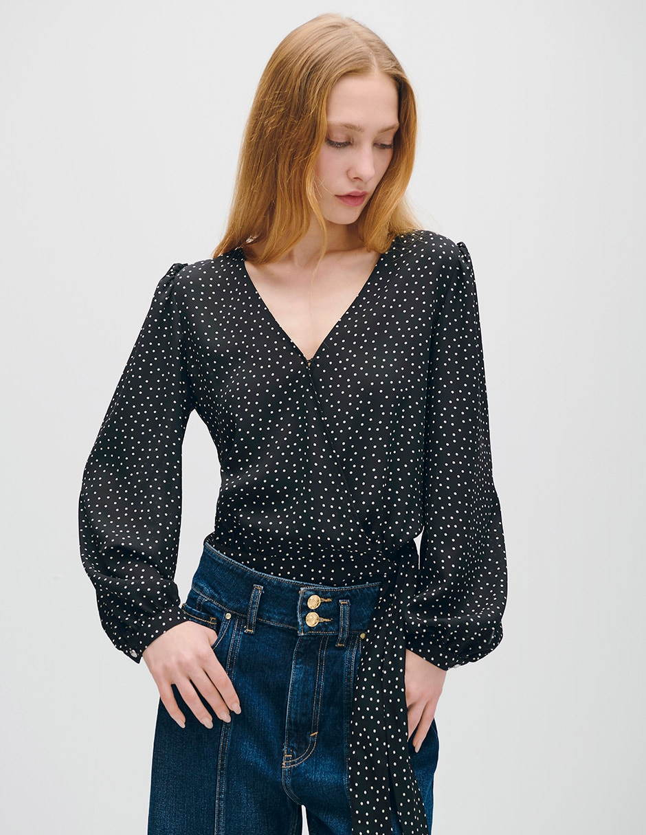 Blusa envolvente Azur manga larga para mujer