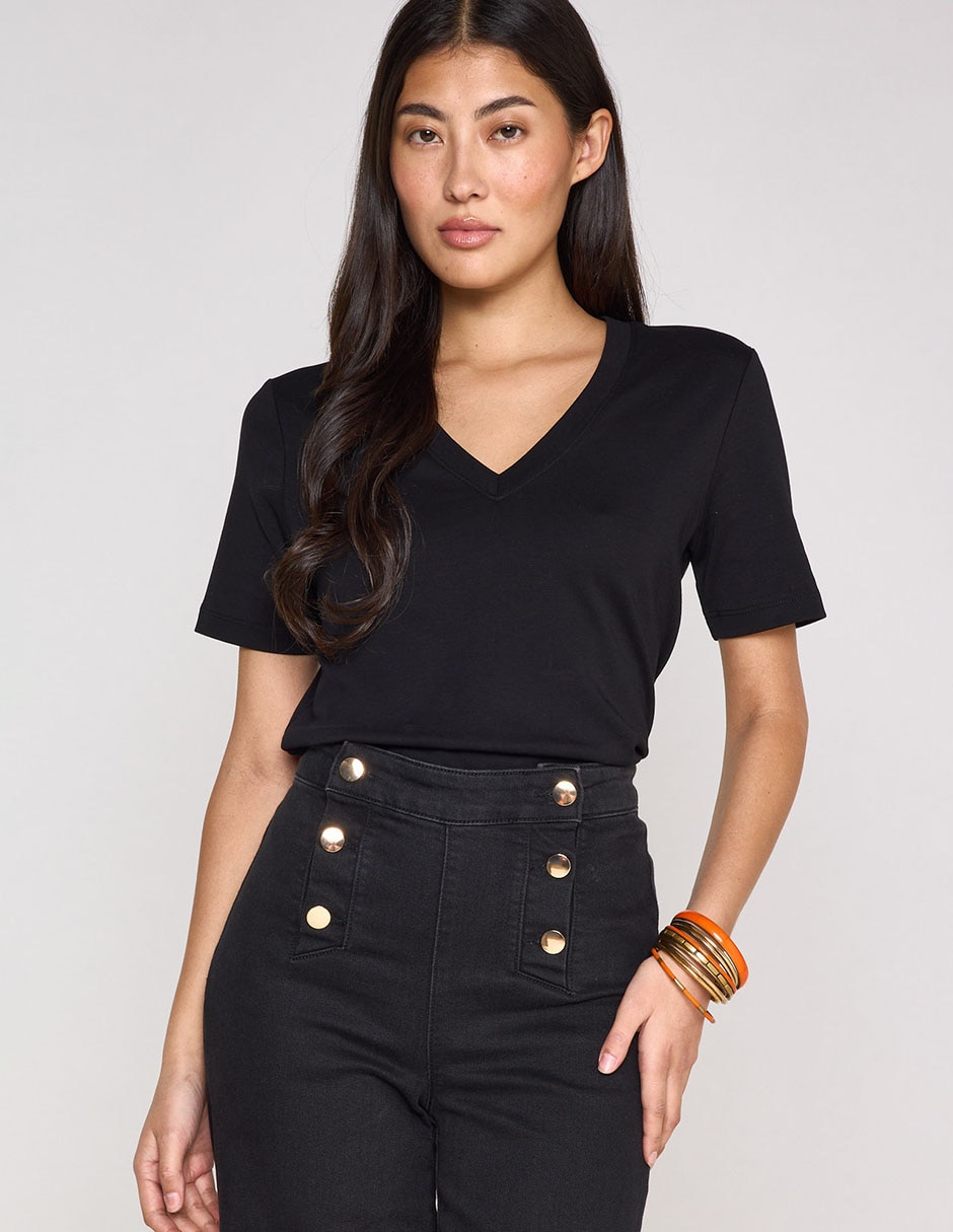 Playera manga corta cuello V para mujer