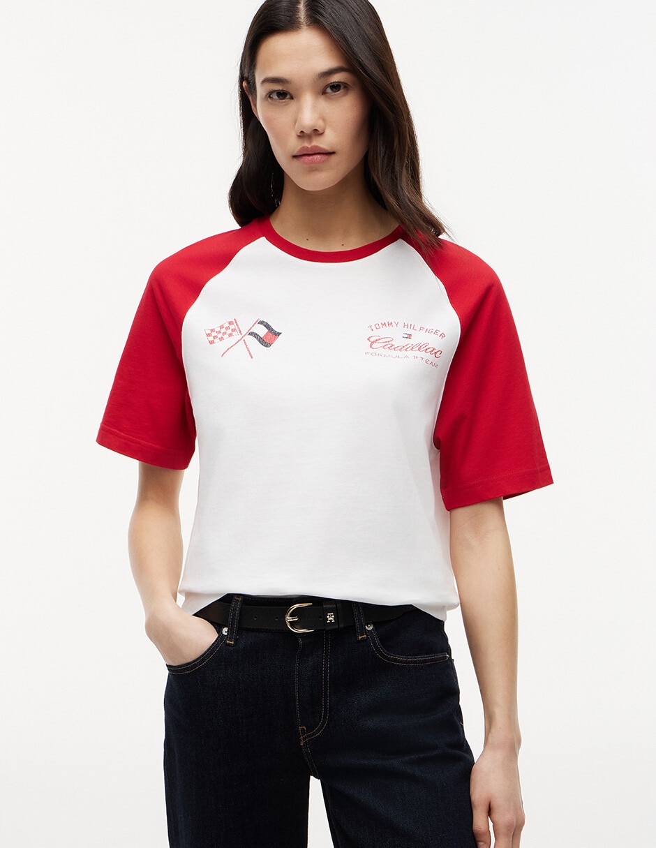 Playera manga corta Cadillac F1 cuello redondo para mujer